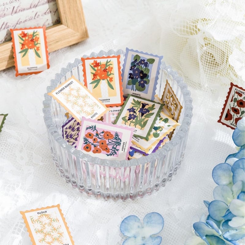 Obujopal 46 Pcs Flower Themed Post Stamp Stickers for Scrapbook Junk Journal Planner Diary Envelope Letter Card Making Collage Gift Wrapping Phone Case Craft Decoration, 23 Patterns - Image 4