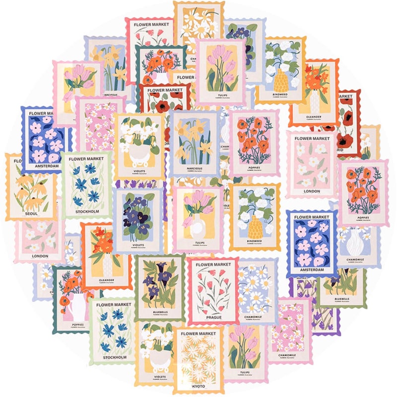 Obujopal 46 Pcs Flower Themed Post Stamp Stickers for Scrapbook Junk Journal Planner Diary Envelope Letter Card Making Collage Gift Wrapping Phone Case Craft Decoration, 23 Patterns - Image 1