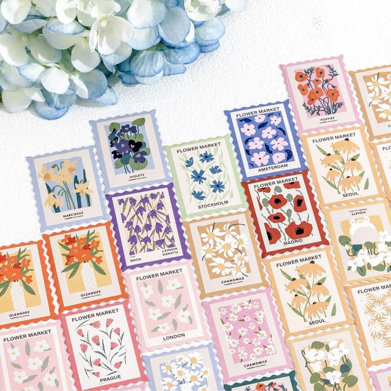 Obujopal 46 Pcs Flower Themed Post Stamp Stickers for Scrapbook Junk Journal Planner Diary Envelope Letter Card Making Collage Gift Wrapping Phone Case Craft Decoration, 23 Patterns - Image 3