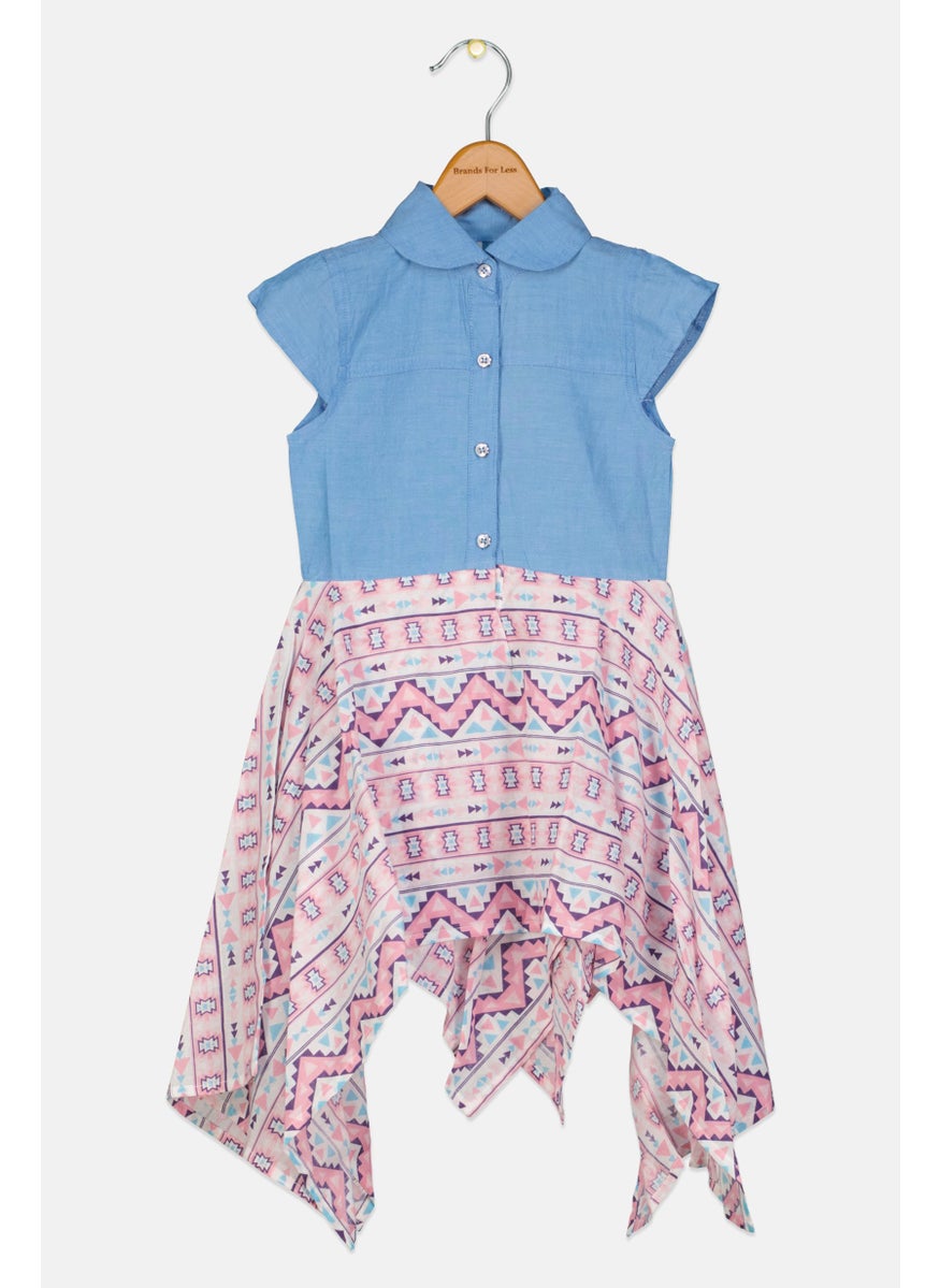 MISS Toddlers Girl Spread Collar Short Sleeve Dress, Blue  - Image 1