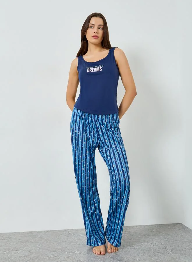 Styli Sweet Dreams Slogan Tank and Stripe Ditsy Pyjama Set