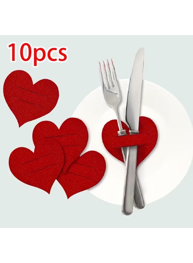 Valentine Heart Cutlery Holders (10 Pcs) – Red Felt Utensil Holders for Romantic Table Decoration - Image 1