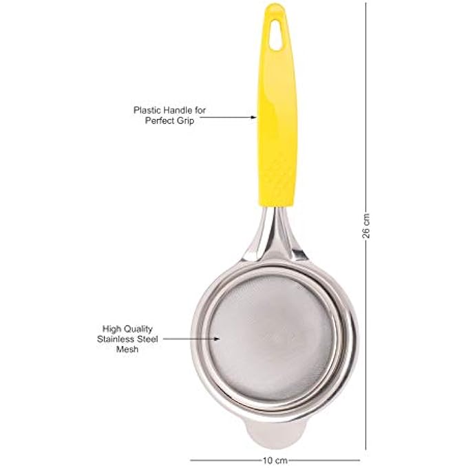 كلاسي تاتش مصفاة شاي شبكية دقيقة من الفولاذ المقاوم للصدأ بمقبض غير قابل للانزلاق، الحجم المثالي لتصفية الشاي والكوكتيلات أو غربلة الدقيق والسكر والتوابل والأعشاب، 26 سم، أصفر كبير - Image 4