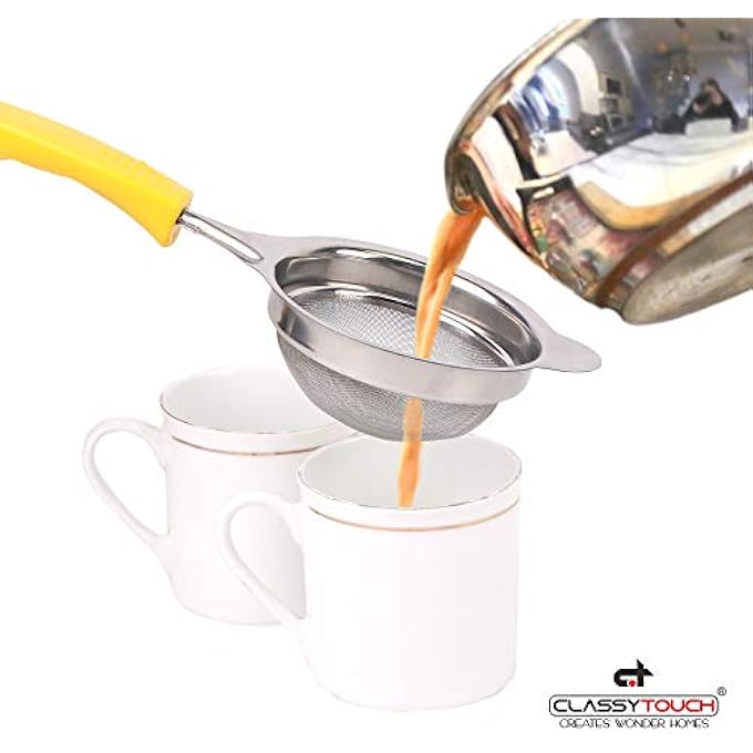 كلاسي تاتش مصفاة شاي شبكية دقيقة من الفولاذ المقاوم للصدأ بمقبض غير قابل للانزلاق، الحجم المثالي لتصفية الشاي والكوكتيلات أو غربلة الدقيق والسكر والتوابل والأعشاب، 26 سم، أصفر كبير - Image 5