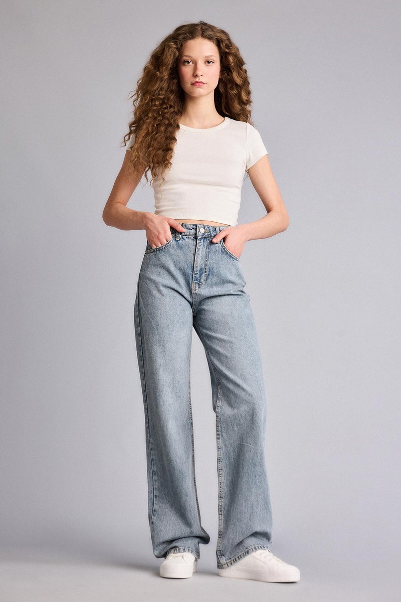 DeFacto Blue Woman 90's Wide Leg High Waist Washed Jeans Casual - Image 2