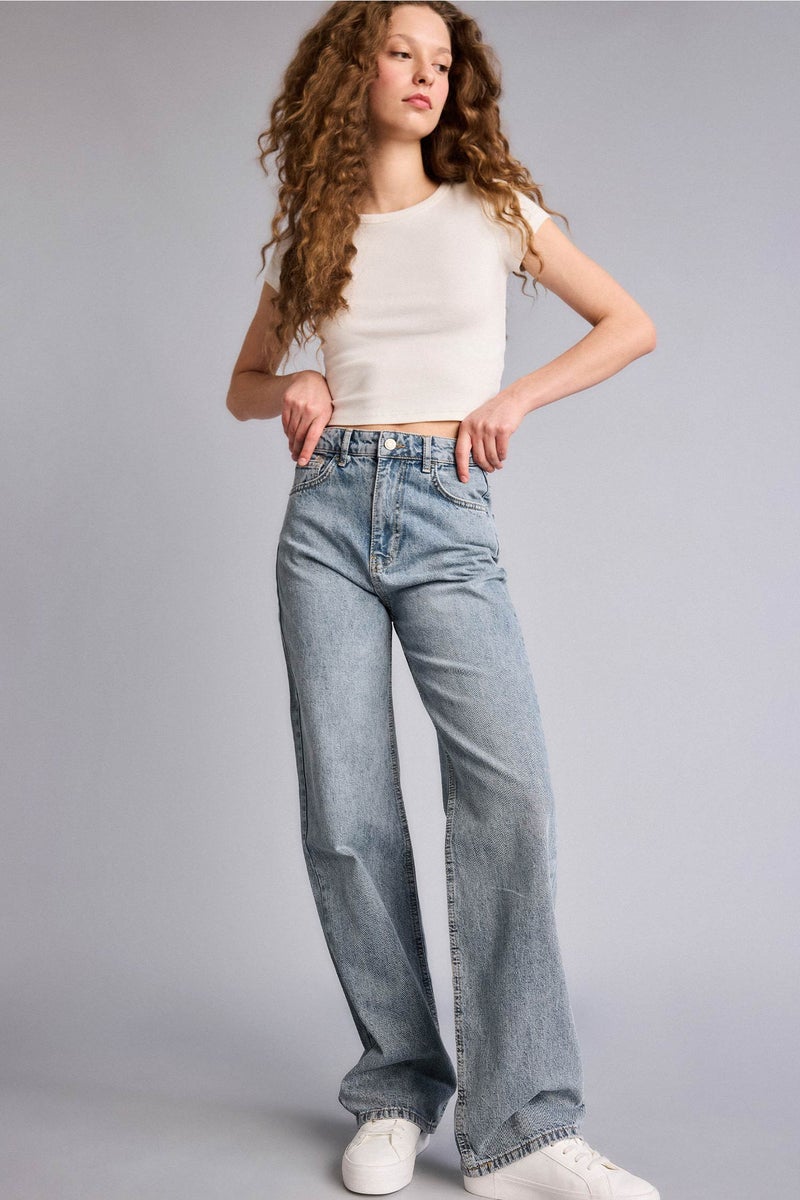 DeFacto Blue Woman 90's Wide Leg High Waist Washed Jeans Casual - Image 1