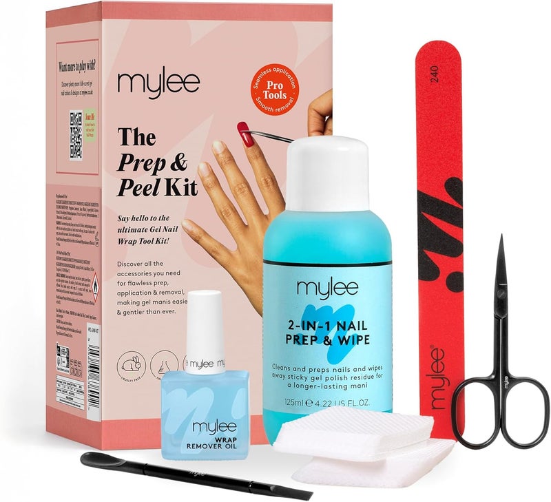 Mylee Prep Peel Gel Nail Wraps Kit Pro Tools for Seamless Application Removal Includes Remover Oil Scissors Nail File Cuticle Pusher Prep Wipe LintFree Wipes Vegan CrueltyFree