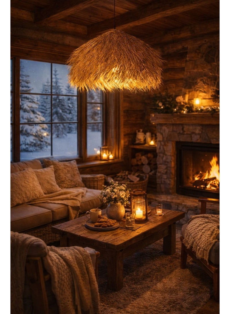 Rustic bohemian ceiling chandelier made of natural straw, sixty centimeters diameter, bringing warm ambiance and unique artistic aesthetic to interior spaces - Image 5