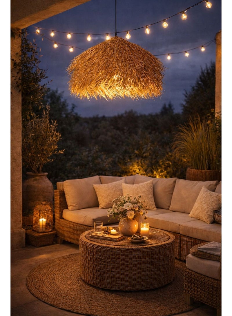 Rustic bohemian ceiling chandelier made of natural straw, sixty centimeters diameter, bringing warm ambiance and unique artistic aesthetic to interior spaces - Image 1