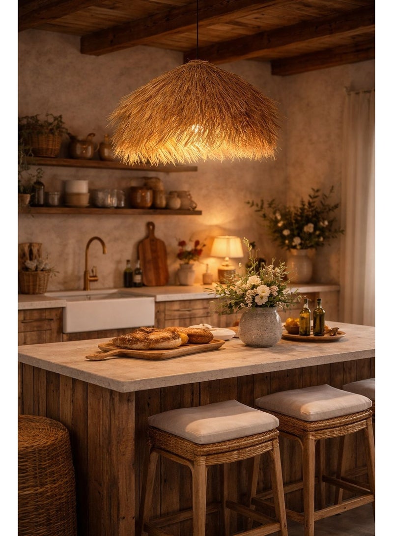 Rustic bohemian ceiling chandelier made of natural straw, sixty centimeters diameter, bringing warm ambiance and unique artistic aesthetic to interior spaces - Image 3