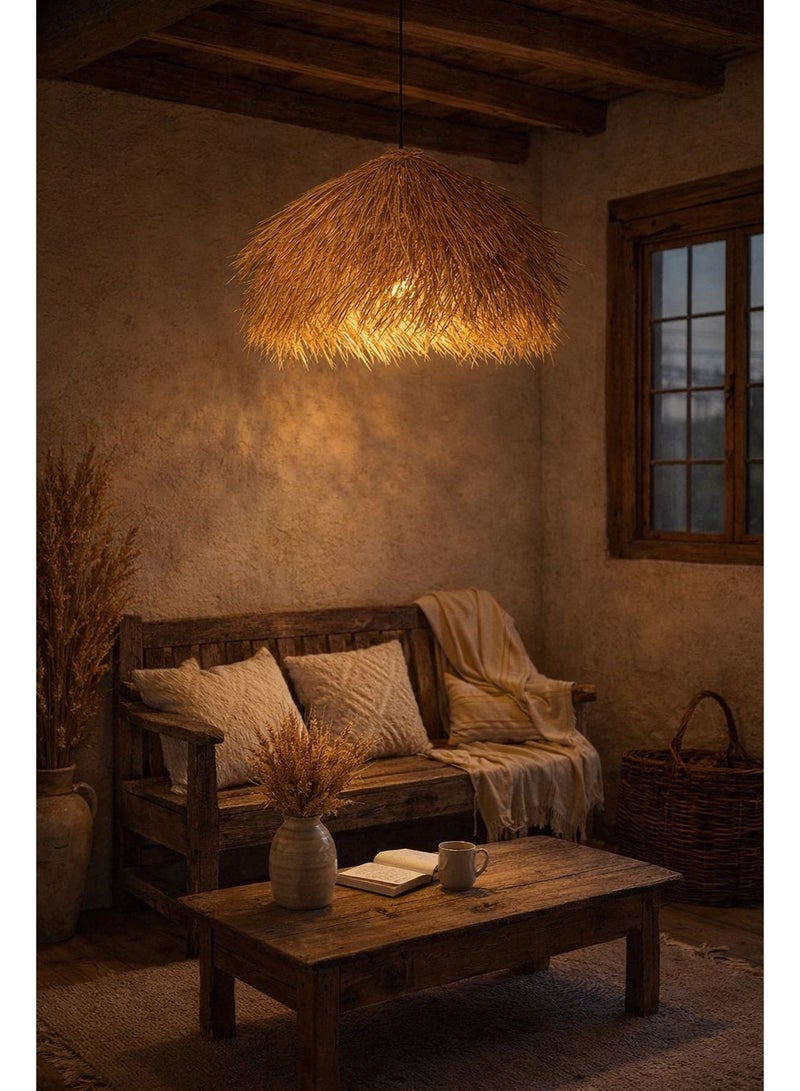 Rustic bohemian ceiling chandelier made of natural straw, sixty centimeters diameter, bringing warm ambiance and unique artistic aesthetic to interior spaces - Image 4