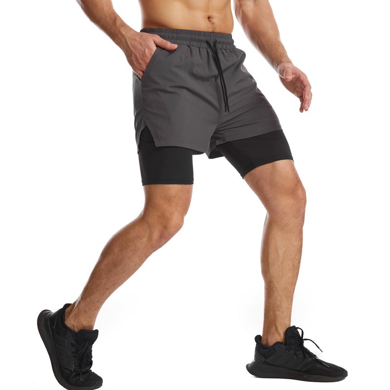 Surenow Mens 2 in 1 Running Shorts Quick Dry Athletic Shorts with Liner, Workout Shorts with Zip Pockets and Towel Loop Dark Grey - Image 3