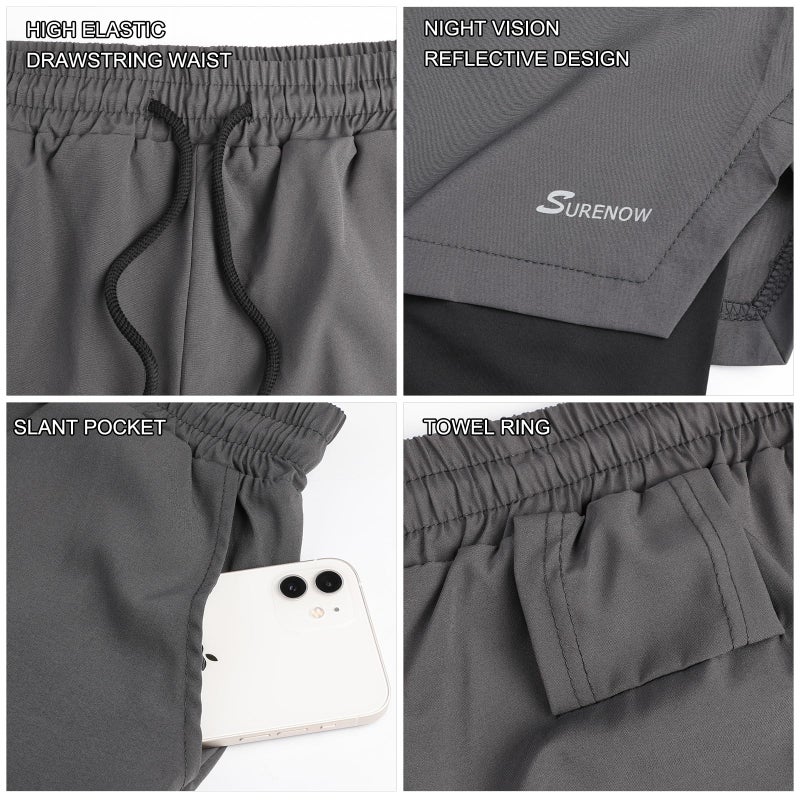 Surenow Mens 2 in 1 Running Shorts Quick Dry Athletic Shorts with Liner, Workout Shorts with Zip Pockets and Towel Loop Dark Grey - Image 4
