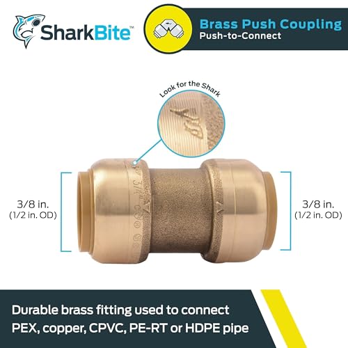 SharkBite 3/8 inch Coupling, Push to Connect Brass Plumbing Fitting, PEX Pipe, Copper, CPVC, PE-RT, HDPE, U006LFA - Image 2