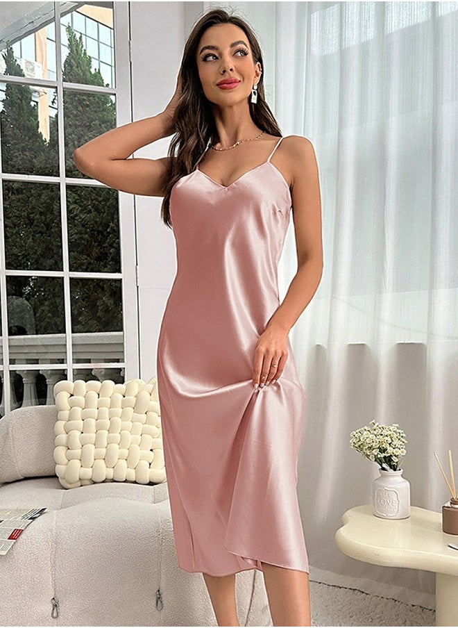 Loquat - Women's Solid Color Imitation Silk Nightgown Sleepwear V-Neck Midi Slip Dress With Adjustable Straps Soft Loungewear Sleepwear Dress Pink - Image 1
