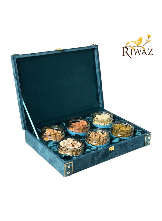 RIWAZ صندوق فواكه مجففة ريوواز الفاخر باللون الأزرق المصنوع من الجلد المقلوب مليء باللوز، الكاجو، الزبيب، الخوخ، الفستق والجوز | صندوق فواكه مجففة | هدية ديوالي، هدية شركات، زفاف ومهرجان - Image 3