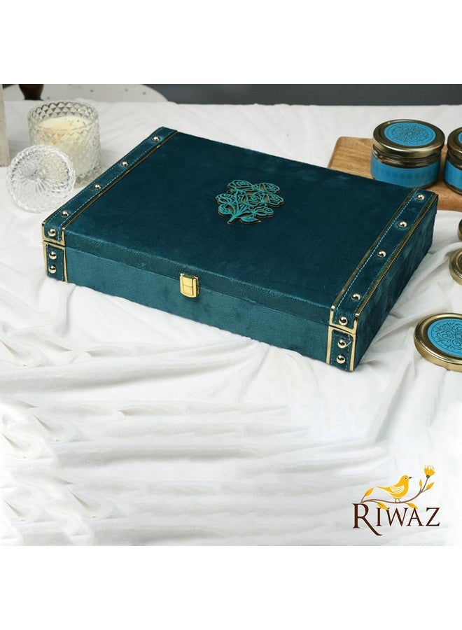 RIWAZ صندوق فواكه مجففة ريوواز الفاخر باللون الأزرق المصنوع من الجلد المقلوب مليء باللوز، الكاجو، الزبيب، الخوخ، الفستق والجوز | صندوق فواكه مجففة | هدية ديوالي، هدية شركات، زفاف ومهرجان - Image 2