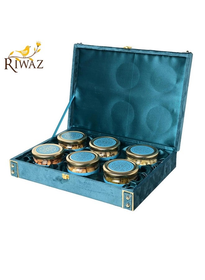RIWAZ صندوق فواكه مجففة ريوواز الفاخر باللون الأزرق المصنوع من الجلد المقلوب مليء باللوز، الكاجو، الزبيب، الخوخ، الفستق والجوز | صندوق فواكه مجففة | هدية ديوالي، هدية شركات، زفاف ومهرجان - Image 4