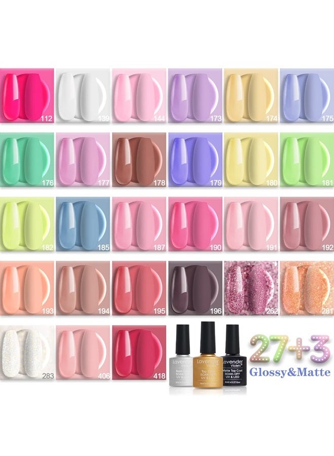 Lavender Violets 27+3 Colors Gel Nail Polish Kit with UV Light 24W Nail Dryer Pink Brown White Gel Nail Polish Set, Soak Off Base and Top Coat, Nail Tool, French Nail Art Starter Kit Gift R974 - Image 1