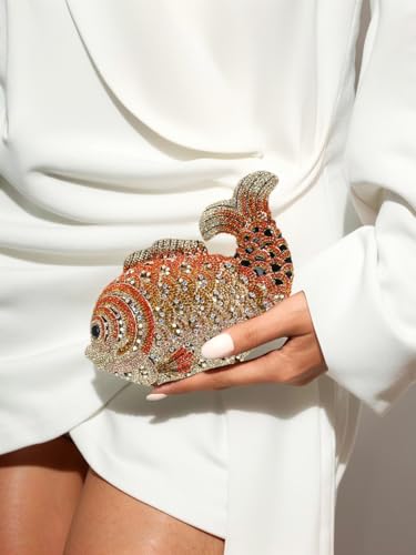 Tngan Women Mini Fish Clutch Luxury Rhinestones Purse Sparkling Banquet Handbag Wedding Party Clutch Bag, Gold Orange - Image 3