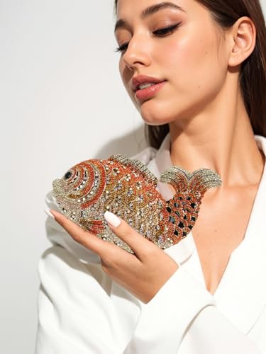 Tngan Women Mini Fish Clutch Luxury Rhinestones Purse Sparkling Banquet Handbag Wedding Party Clutch Bag, Gold Orange - Image 2