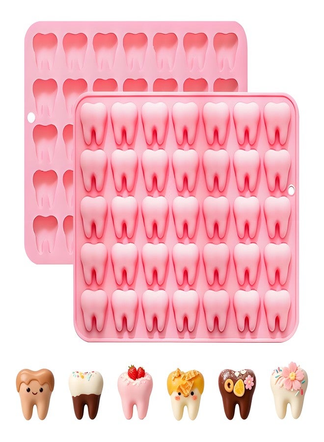 Fchil Tooth Shape Silicone Chocolate Molds, Pink, 35-Cavity, Set of 2, for Candy Gummy Ice, 7.64 x 6.14 in - Image 1