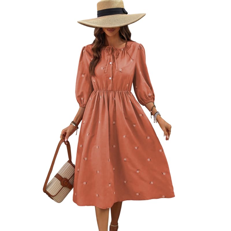 SMOWKLY Cotton Blend Women's Casual Dress Mid-Length Maxi Dress for Woman ||Stylish Frocks for Women ||One Piece Dress for Women || Long Midi Dress for Woman || Party & Beach Wear Orange - Image 1