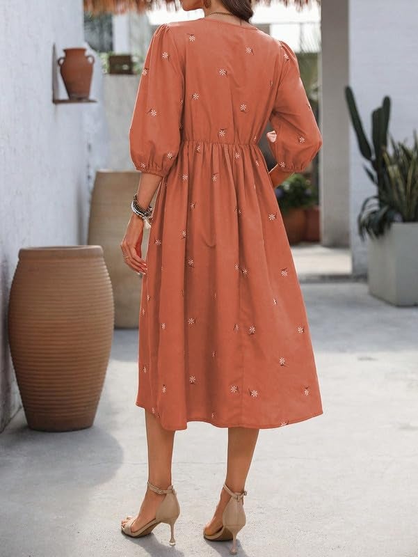 SMOWKLY Cotton Blend Women's Casual Dress Mid-Length Maxi Dress for Woman ||Stylish Frocks for Women ||One Piece Dress for Women || Long Midi Dress for Woman || Party & Beach Wear Orange - Image 2