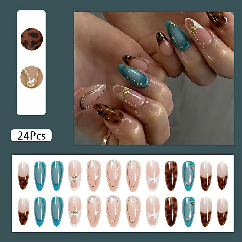 ASABITE 24Pcs Medium Almond Press on Nails French Tip Fake Nails with Brown Leopard Gold Line Design Glossy Reusable False Nail Artificial Acrylic Nails Press ons Holiday Stick on Nails for Women DIY Manicure - Image 2
