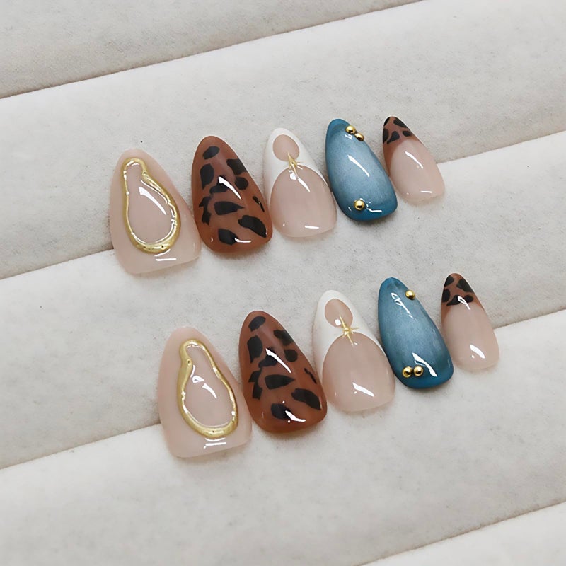 ASABITE 24Pcs Medium Almond Press on Nails French Tip Fake Nails with Brown Leopard Gold Line Design Glossy Reusable False Nail Artificial Acrylic Nails Press ons Holiday Stick on Nails for Women DIY Manicure - Image 4