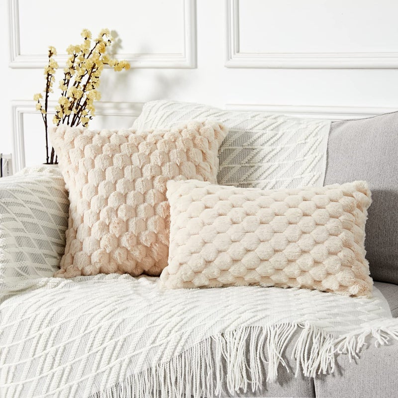 Yaertun Pack of 2 Super Soft Cozy Decorative Throw Pillow Covers Fuzzy Plush Faux Fur Luxury Cushion Cover Pillowcase for Sofa Couch Bed Livingroom 20x20 Inch Beige - Image 2