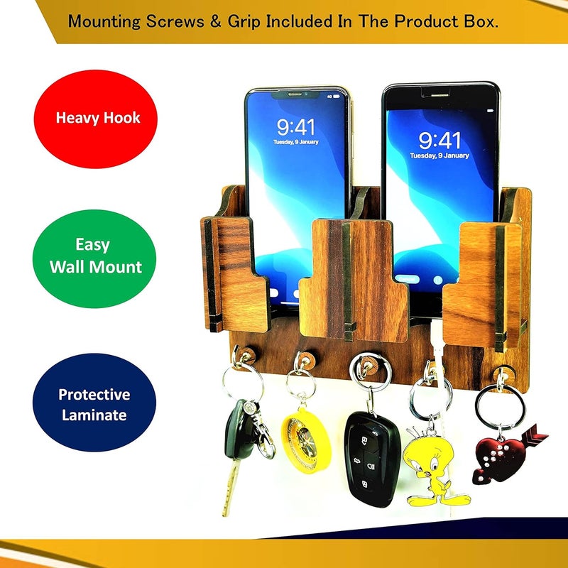 US DZIRE - THE BRAND OF LIFESTYLE US DZIRE THE BRAND OF LIFESTYLE Wall Mount Home Side Stylish Wooden Key Holder with Mobile Charging Stand Key Hanger for Living Room Kitchen Key Organizer 5 Hook  - Image 3