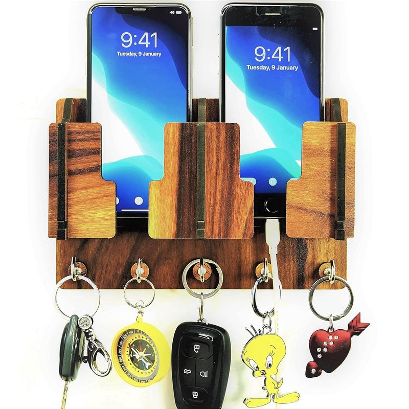 US DZIRE - THE BRAND OF LIFESTYLE US DZIRE THE BRAND OF LIFESTYLE Wall Mount Home Side Stylish Wooden Key Holder with Mobile Charging Stand Key Hanger for Living Room Kitchen Key Organizer 5 Hook  - Image 1