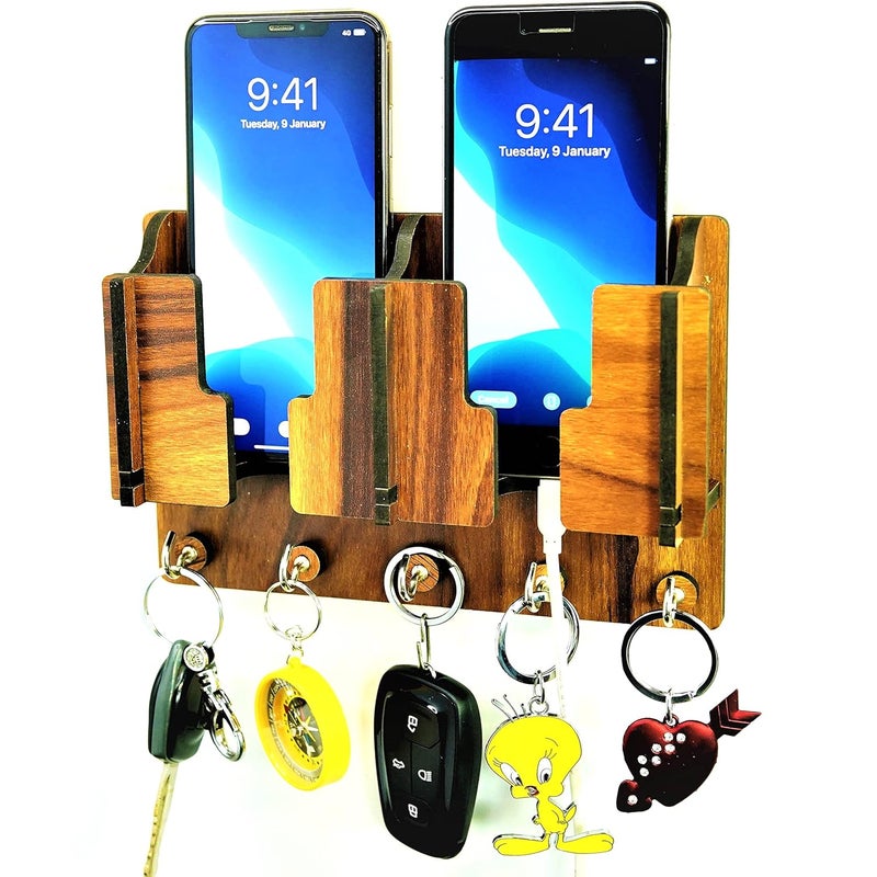 US DZIRE - THE BRAND OF LIFESTYLE US DZIRE THE BRAND OF LIFESTYLE Wall Mount Home Side Stylish Wooden Key Holder with Mobile Charging Stand Key Hanger for Living Room Kitchen Key Organizer 5 Hook  - Image 2