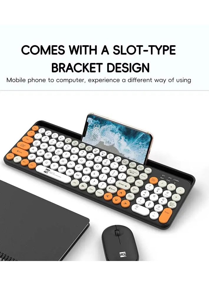 R8 - 1930 Fashion Dual Mode Bluetooth & Wireless Keyboard and Mouse Set With Mobile Holder - Multi-Device (2.4G / BT1/ BT2 ) -10M Distance - ( AR / ENG ) Layout Full Size - for PC/Laptop - Plug /Play - (2 x Battery ) - Image 1
