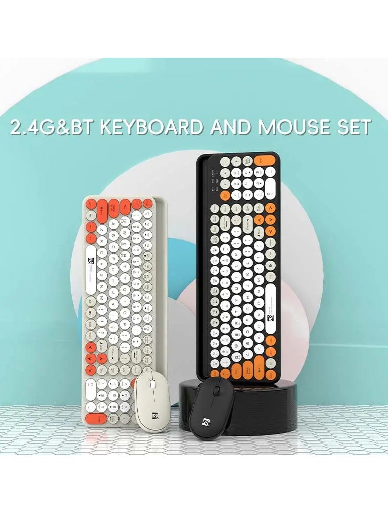 R8 - 1930 Fashion Dual Mode Bluetooth & Wireless Keyboard and Mouse Set With Mobile Holder - Multi-Device (2.4G / BT1/ BT2 ) -10M Distance - ( AR / ENG ) Layout Full Size - for PC/Laptop - Plug /Play - (2 x Battery ) - Image 1