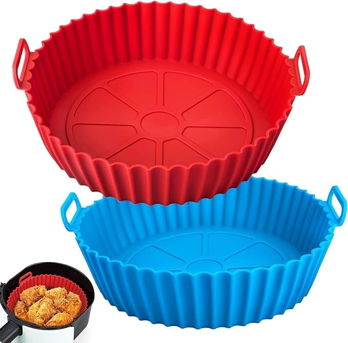 SANWALSA SANWALSA Pack of 2 Round 8 inch Reusable Silicone Air Fryer Liners Pot With Ear Handles Nonstick Heat Resistant Air Fryer Accessories Baking Tray Multicolor  - Image 1