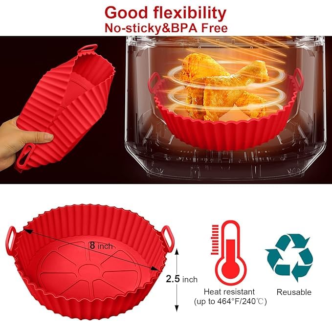 SANWALSA SANWALSA Pack of 2 Round 8 inch Reusable Silicone Air Fryer Liners Pot With Ear Handles Nonstick Heat Resistant Air Fryer Accessories Baking Tray Multicolor  - Image 3