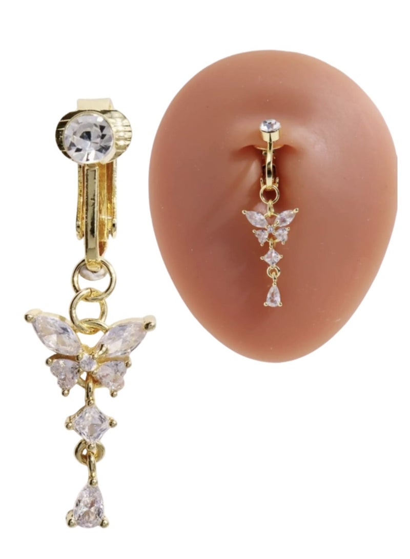 YUCCA Fake Piercing Belly Button Ring with Pink Butterfly Design for Women Jewelry Copper Jewelry - Image 1