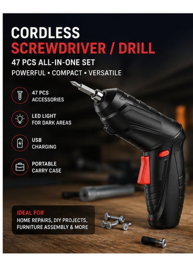 Cordless Electric Screwdriver Set with 47 Accessories – USB Rechargeable Drill Driver with LED Light, Carrying Case & Multi-Bit Kit for Home DIY Repairs - Image 1