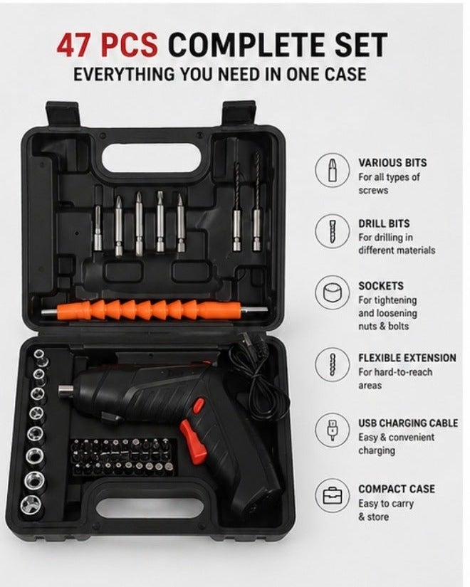 Cordless Electric Screwdriver Set with 47 Accessories – USB Rechargeable Drill Driver with LED Light, Carrying Case & Multi-Bit Kit for Home DIY Repairs - Image 2