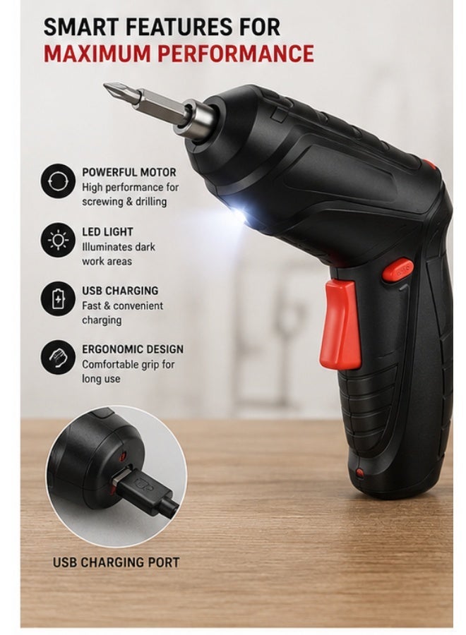 Cordless Electric Screwdriver Set with 47 Accessories – USB Rechargeable Drill Driver with LED Light, Carrying Case & Multi-Bit Kit for Home DIY Repairs - Image 3
