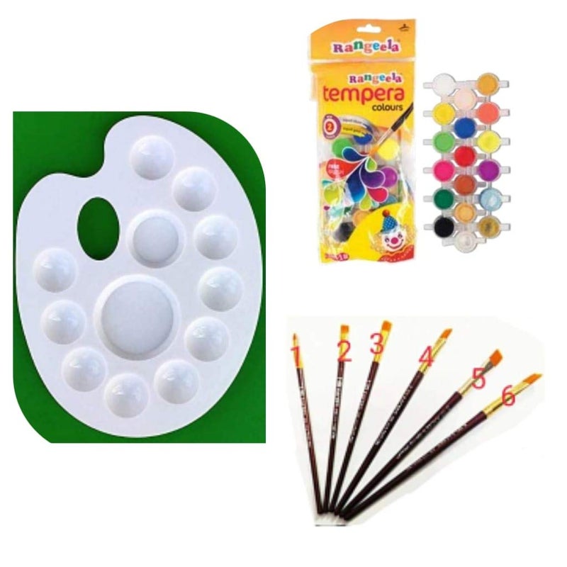 FIRST CLICK" Art 12 Wells 301 Palette + Pidilite Rangeela Student Tempera Color 18 Shades + Set of Flat Brushes - Image 3