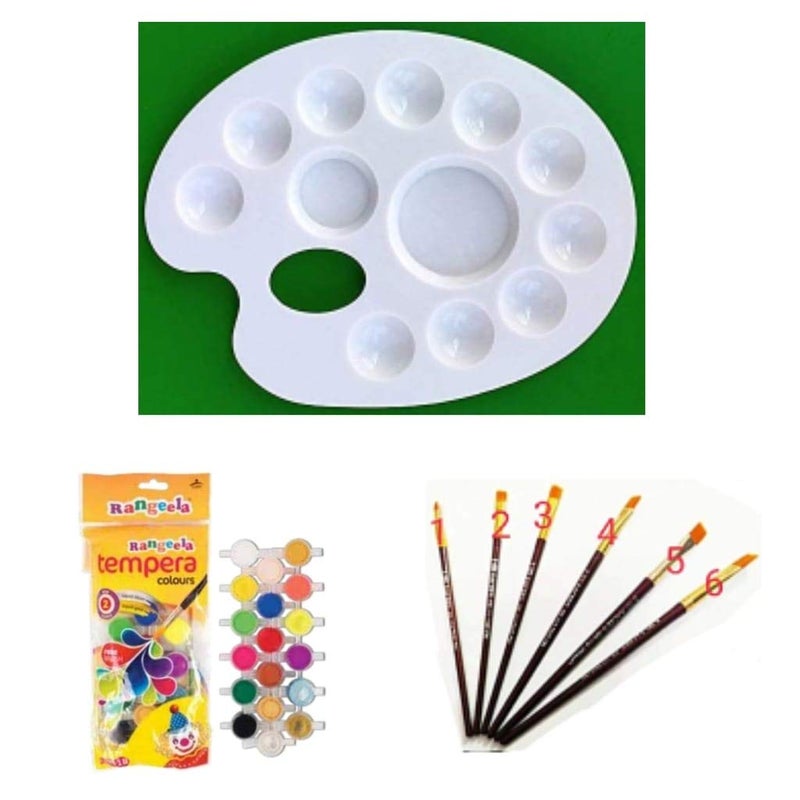 FIRST CLICK" Art 12 Wells 301 Palette + Pidilite Rangeela Student Tempera Color 18 Shades + Set of Flat Brushes - Image 2