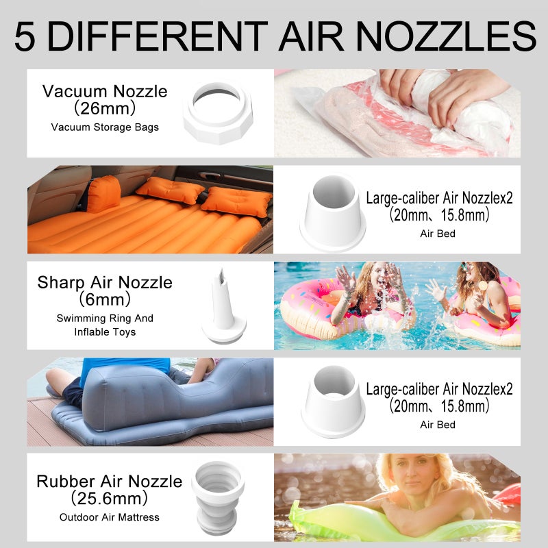 Mini Electric Air Pump Rechargeable Inflatable Pump 3 Modes Camping Light with 5 Air Nozzles for Vacuum Storage Bag Air Bed Swimming Ring Outdoor Air Mattress - Image 5