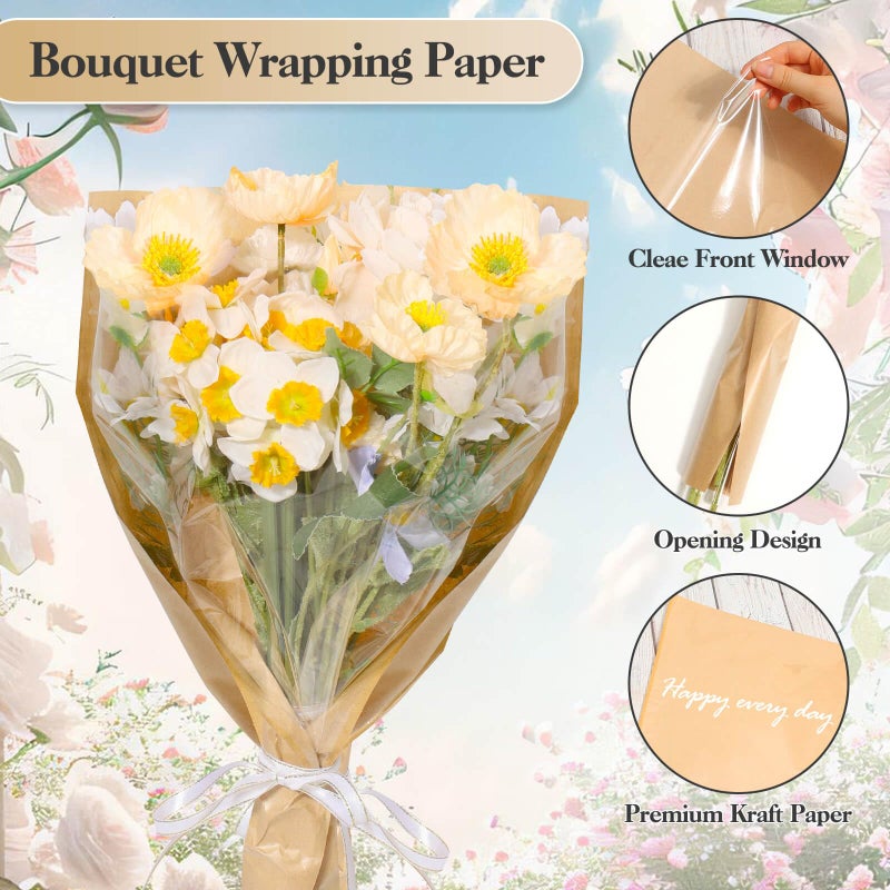 cridoz 50 PCS Flower Wrapping Paper Sleeves for Bouquets with 50 PCS Floral Card Holder Picks and Ribbons, Kraft Bouquet Bags for Flower Bar, Mother's Day, Graduation, Valentine, 22 x 14 Inches - Image 3