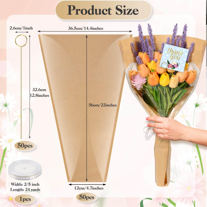 cridoz 50 PCS Flower Wrapping Paper Sleeves for Bouquets with 50 PCS Floral Card Holder Picks and Ribbons, Kraft Bouquet Bags for Flower Bar, Mother's Day, Graduation, Valentine, 22 x 14 Inches - Image 2