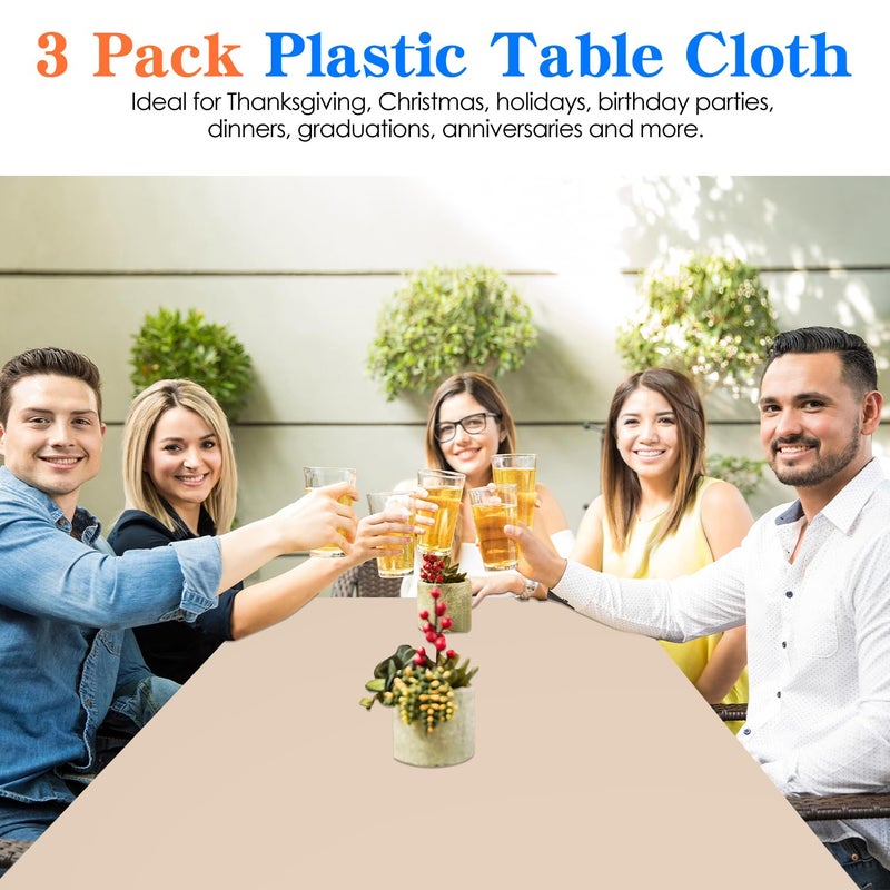 YSYJ 3 Pack Beige Plastic Tablecloth Disposable Rectangular Table Cloth 54 x 108 Inch Table Cover for Parties - Image 4
