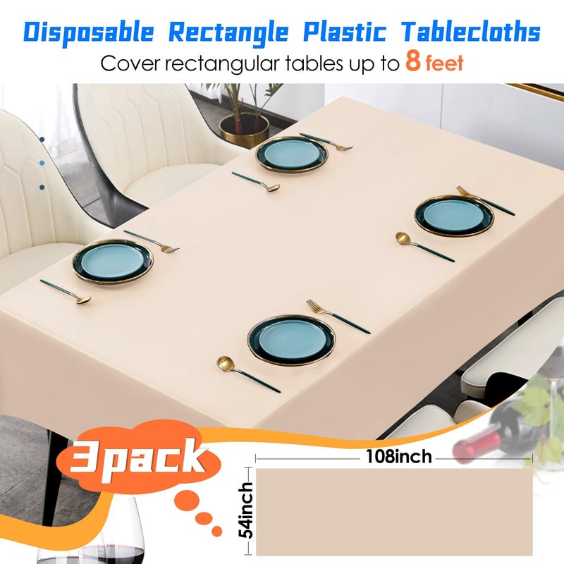 YSYJ 3 Pack Beige Plastic Tablecloth Disposable Rectangular Table Cloth 54 x 108 Inch Table Cover for Parties - Image 2