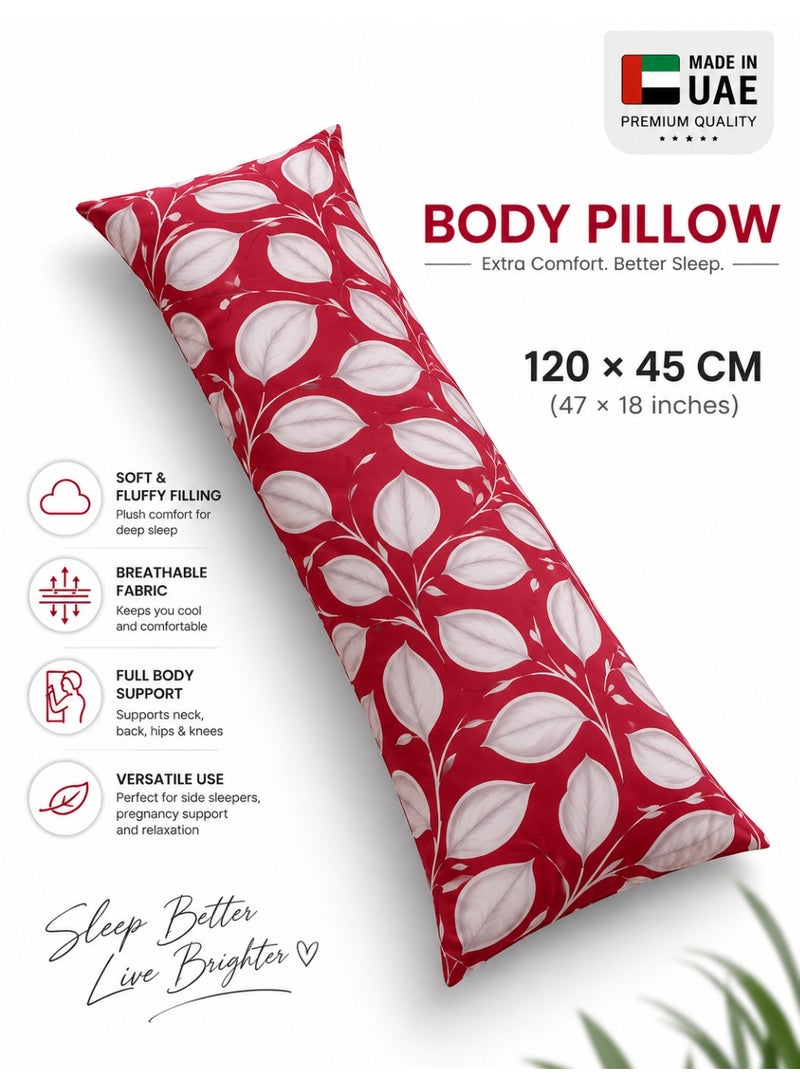 Eworld Body Pillow 120 x 45 cm, Festive Red Honeycomb Leaf Design, Soft Fluffy Filling with Breathable Fabric, Full Body Support Long Pillow for Side Sleepers, Pregnancy and Relaxation, Made in UAE - Image 1